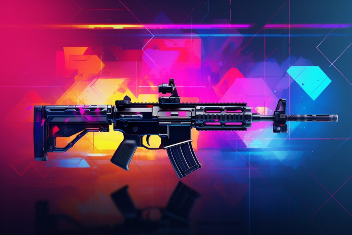 A sleek black assault rifle set against a vibrant, geometric background of pink, orange, and blue gradients.