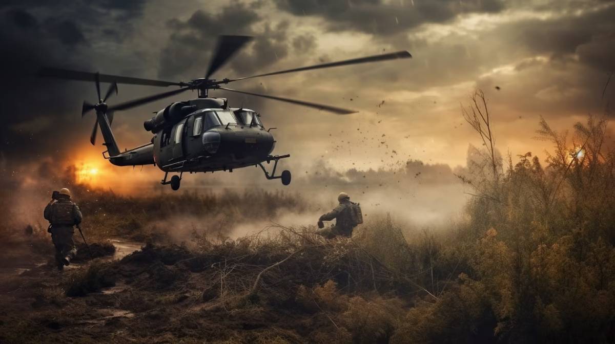 A military helicopter hovers over a battlefield, with soldiers in tactical gear navigating the rugged terrain amid smoke and explosions.