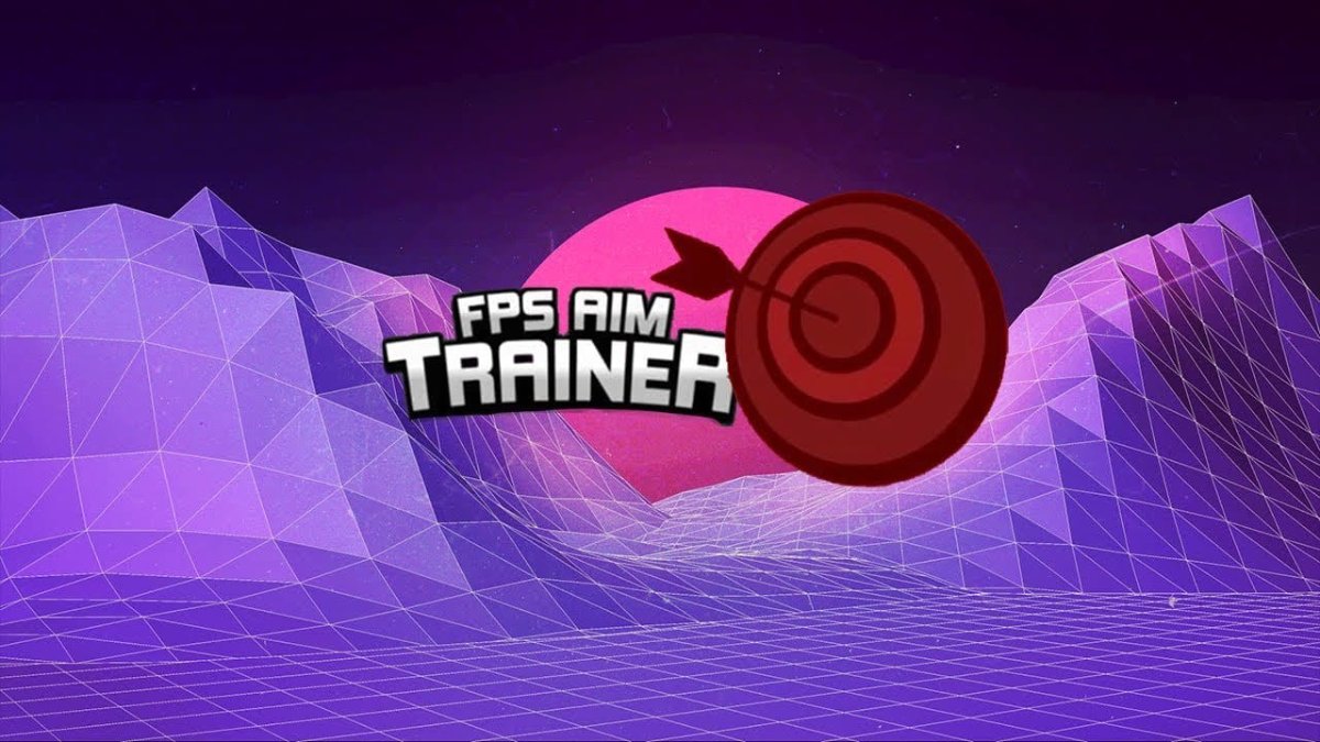 A stylized graphic for FPS Aim Trainer featuring a target symbol against a retro purple landscape and pink sun backdrop.