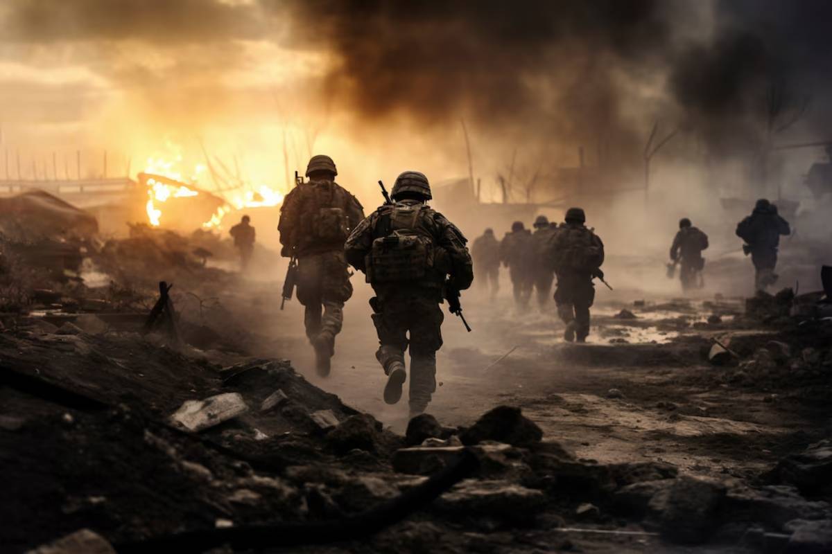 Soldiers advance through a war-torn landscape, smoke and flames rising in the background, creating a dramatic, tense atmosphere.