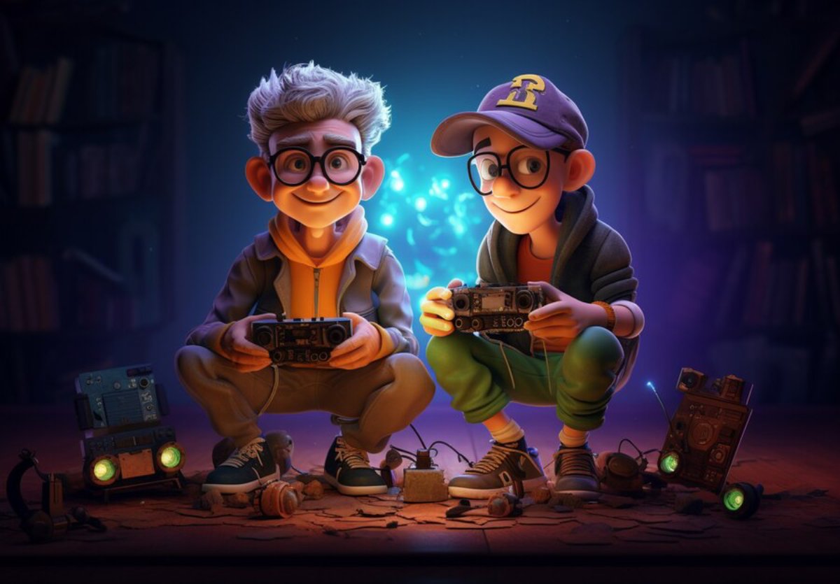 Two animated boys sit on the floor, holding game controllers, surrounded by gaming gadgets and colorful glowing elements in a cozy room.