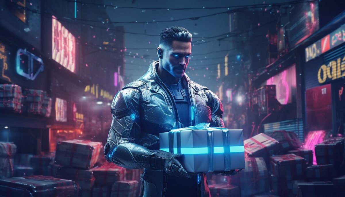 A futuristic figure in sleek armor holds a glowing gift box amid a vibrant, neon-lit urban environment filled with stacked presents.