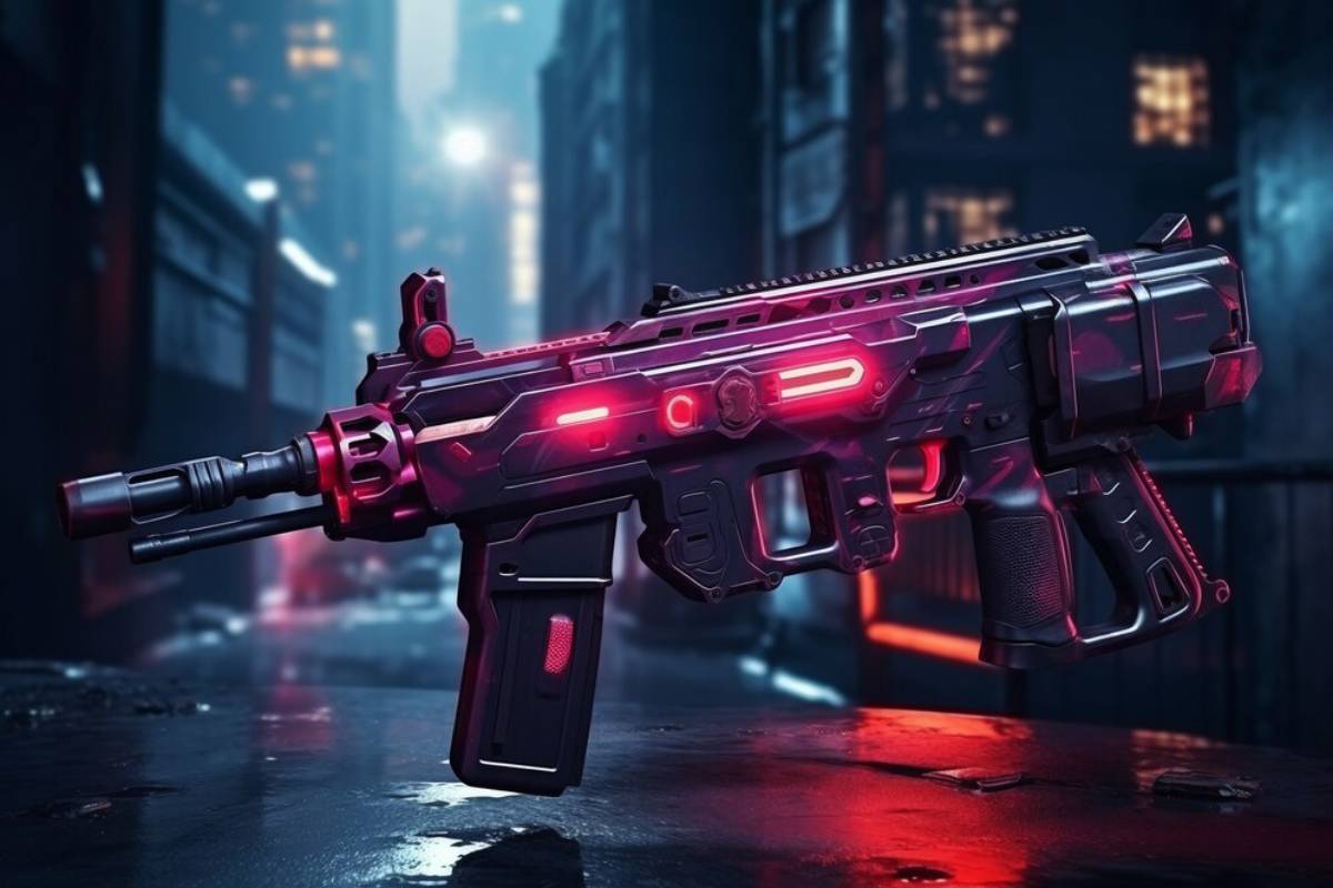 A futuristic weapon with sleek black and red design, glowing accents, resting on a reflective surface in a city alley.