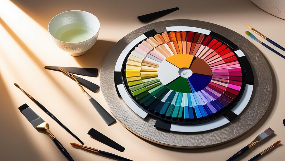 A vibrant color wheel surrounded by brushes and palette knives, beside a cup of green tea, on a softly lit table.