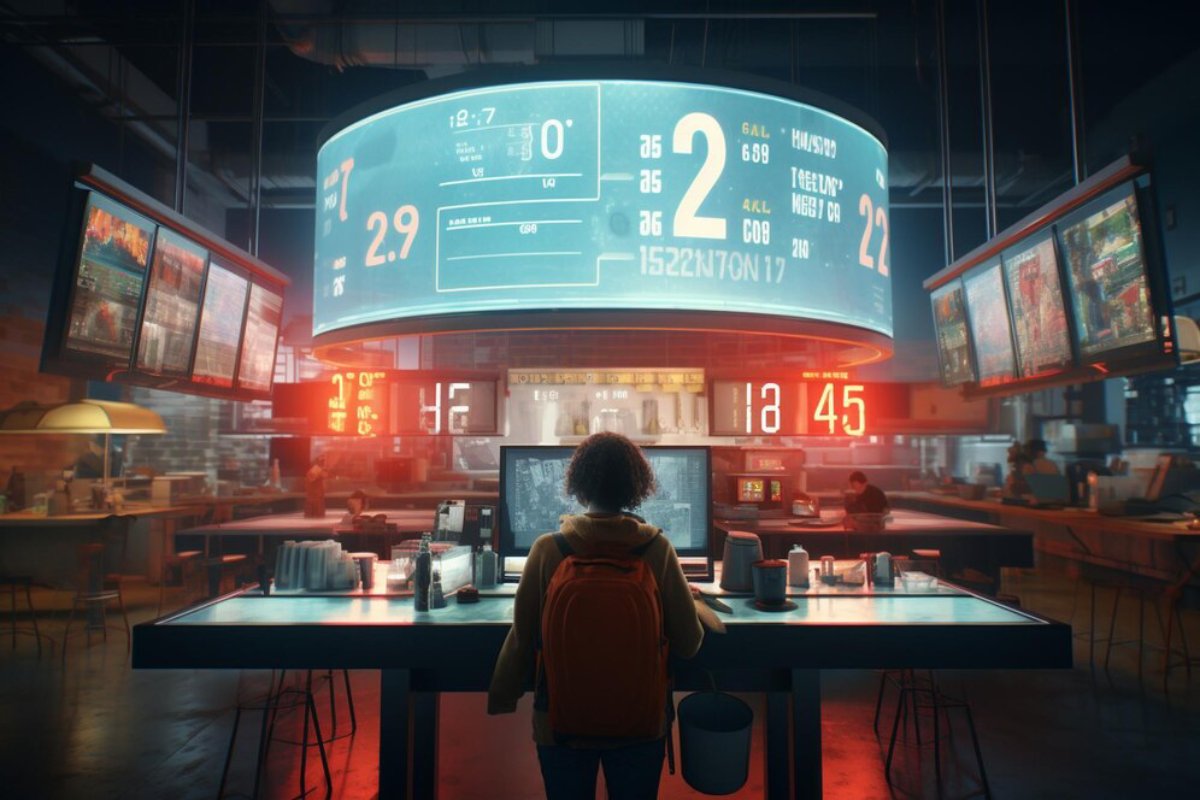 A person with curly hair and an orange backpack stands in a futuristic simulation room, surrounded by digital screens and data displays.