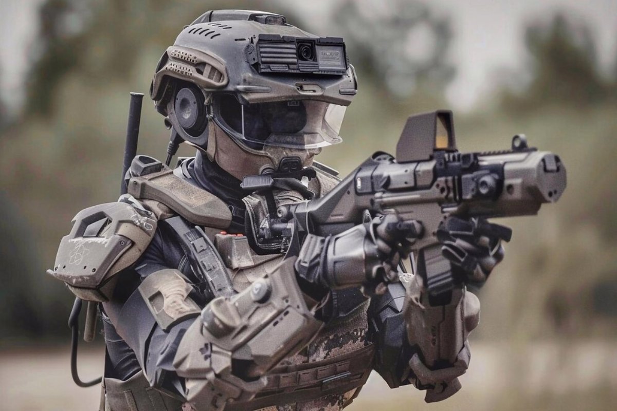 A heavily armored soldier in futuristic gear aims a gun, showcasing advanced military technology in a blurred outdoor setting.
