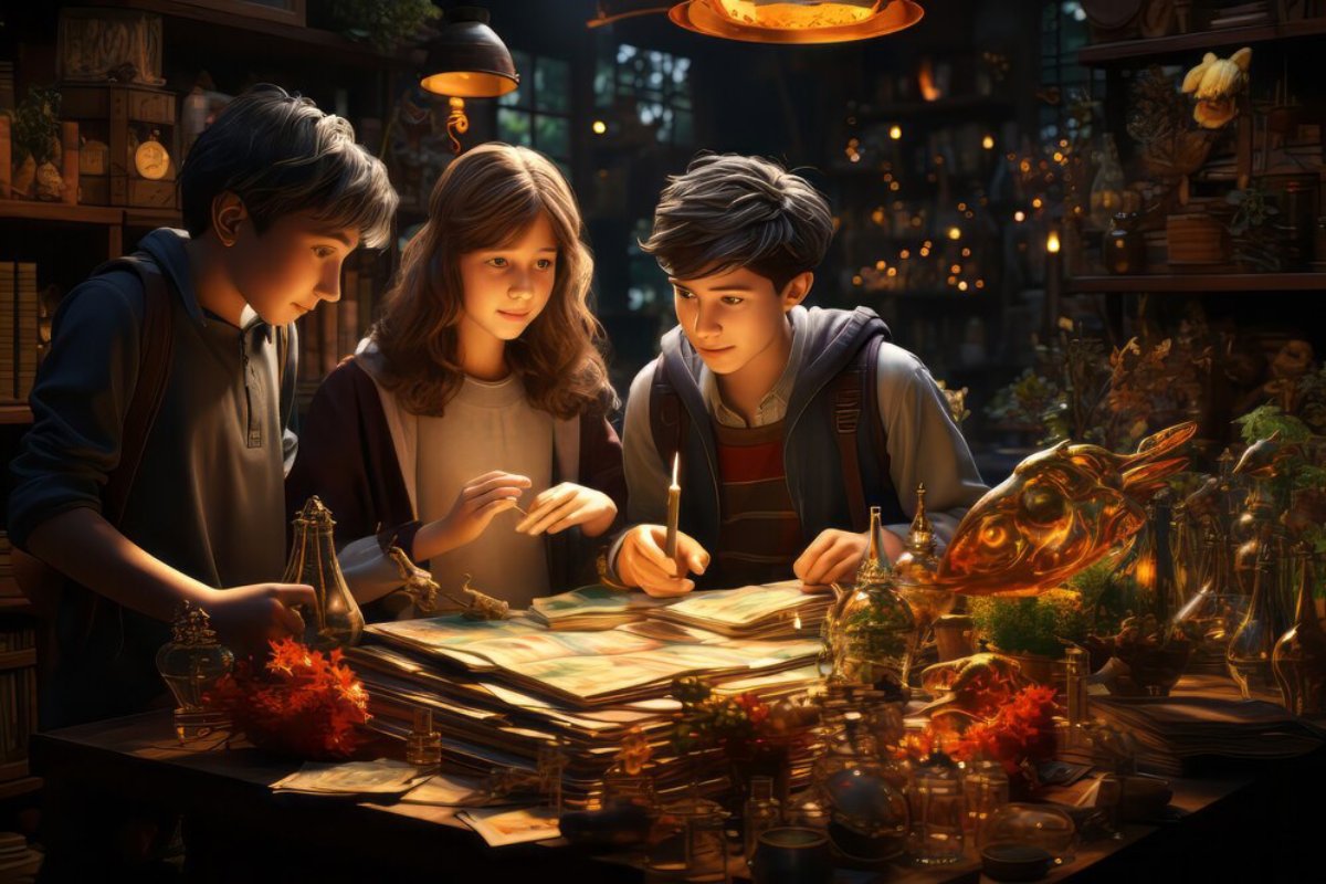 Three individuals gather around a cluttered table filled with books, glass jars, and colorful foliage, immersed in a creative project.