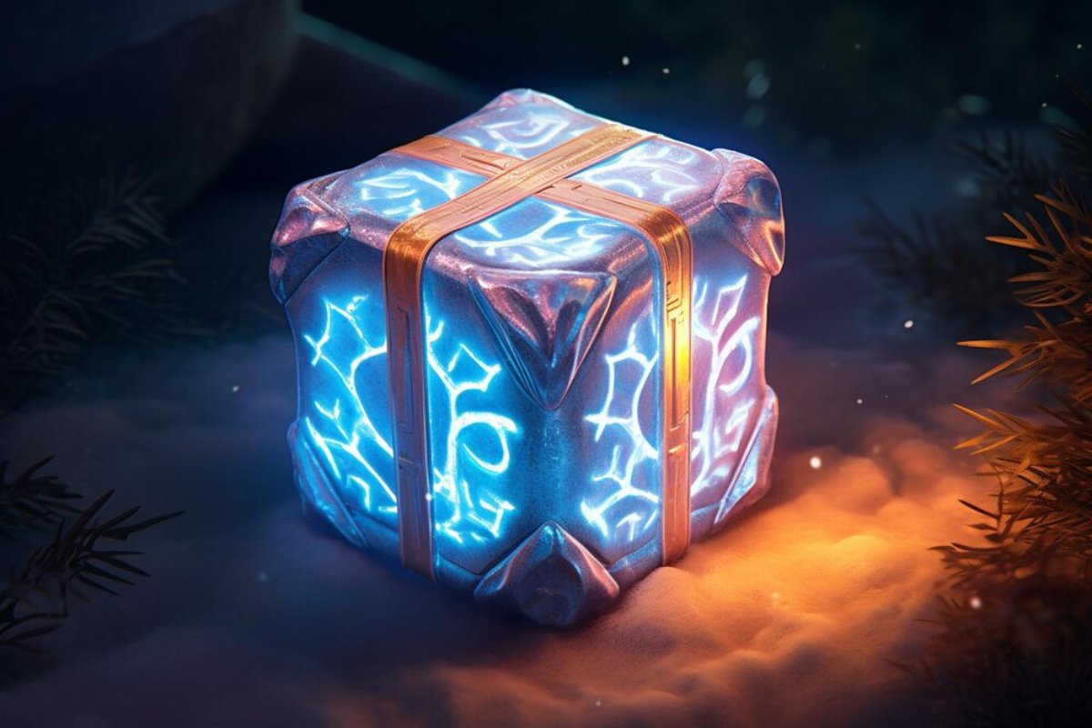 A glowing ice-blue gift box with intricate patterns, tied with a golden ribbon, rests on a snowy ground surrounded by foliage.