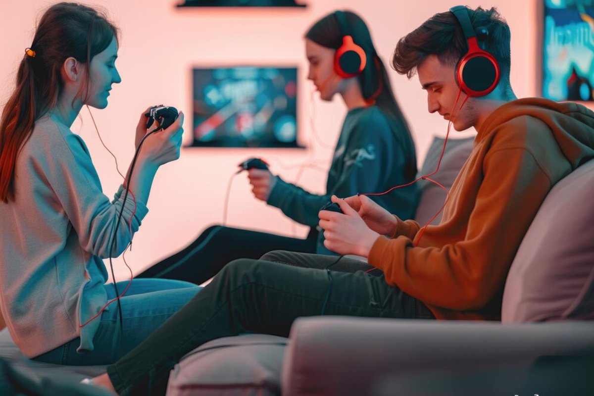 Three young gamers sit on a couch, focused on playing video games, wearing headphones and holding controllers. A colorful background enhances the scene.