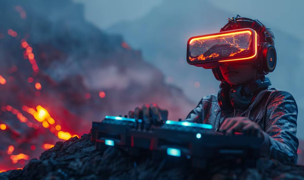 A person in a futuristic headset and headphones stands amid flowing lava, creating an intense and surreal atmosphere.