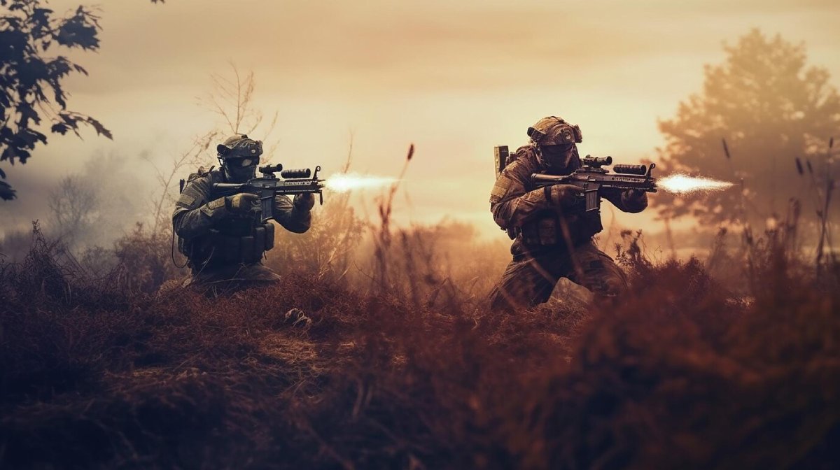 Two soldiers in tactical gear fire rifles amidst a dramatic sunset, surrounded by tall grass and silhouettes of trees.