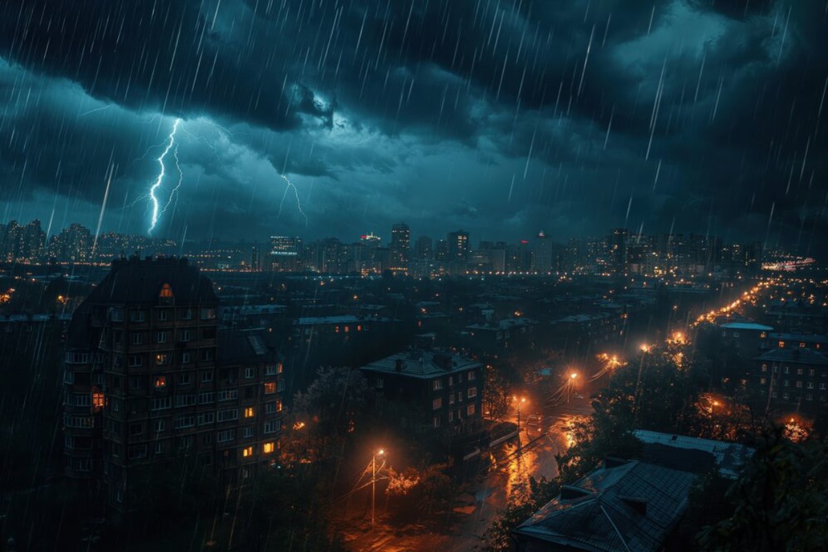 While heavy rain pours down, lightning illuminates a dark city skyline, highlighting buildings and glistening wet streets below.
