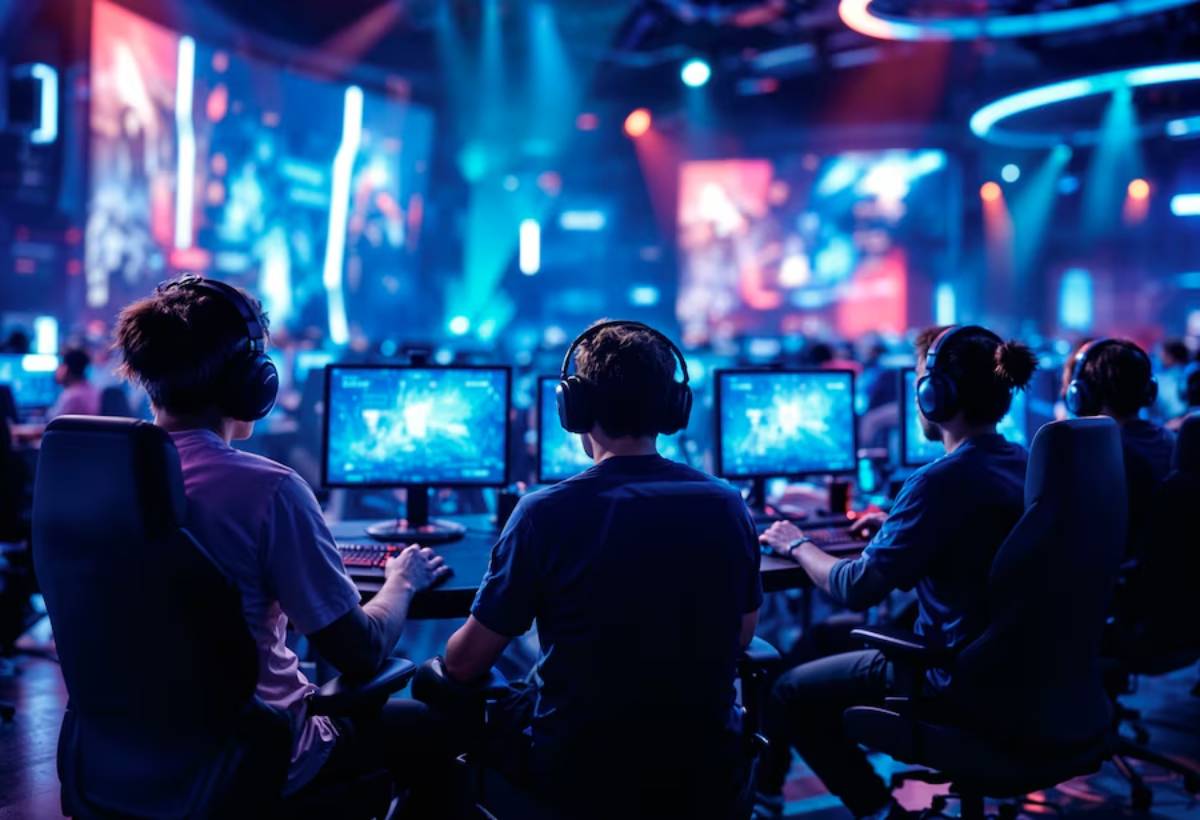 A group of gamers with headsets intensely focused on monitors in a vibrant esports arena, illuminated by blue and red lights.