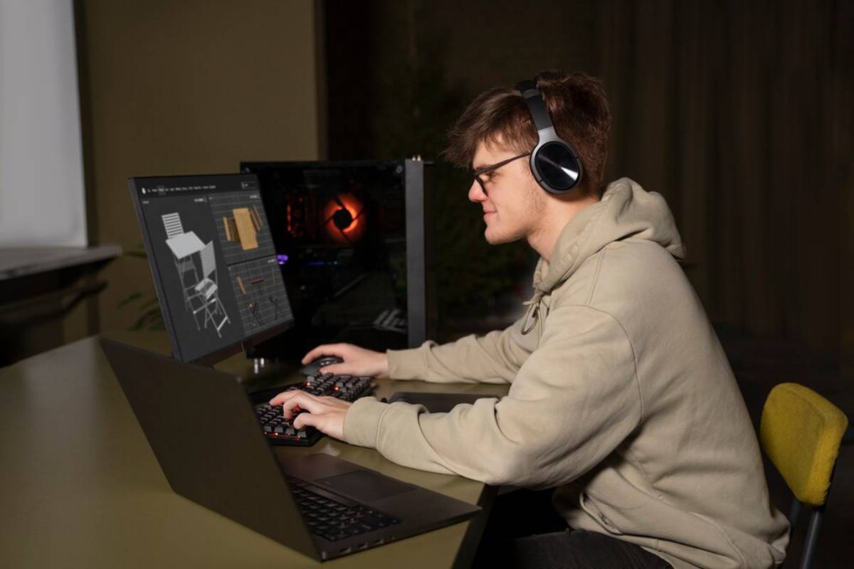A person wearing headphones works at a desk with dual monitors, creating a 3D model of a chair in a dimly lit environment.