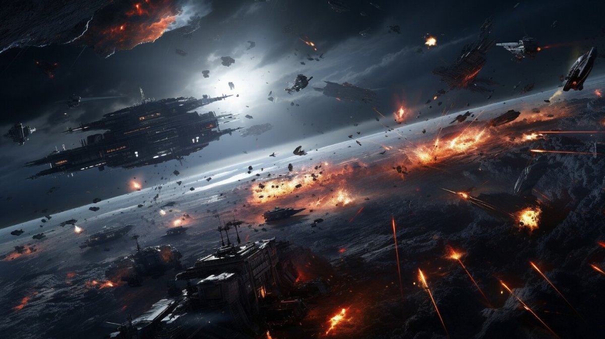 A dramatic space battle scene with exploding ships, asteroids, and a large space station amid chaotic cosmic warfare.