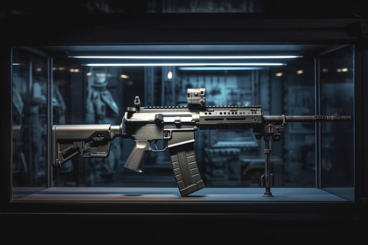 A modern tactical rifle displayed in a glass case, featuring a sleek design and equipped with an optic sight and magazine.