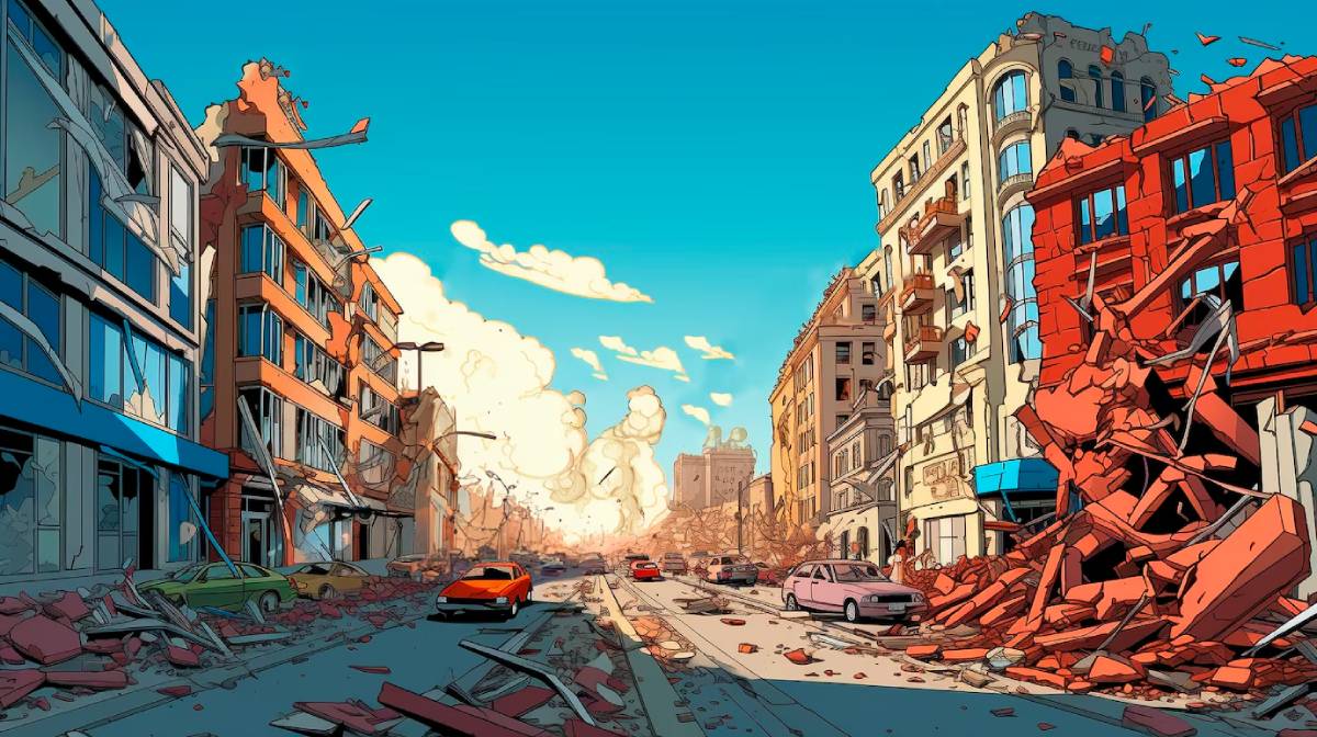 A devastated urban street lined with destroyed buildings and rubble, with scattered cars amidst a blue sky and distant smoke clouds.
