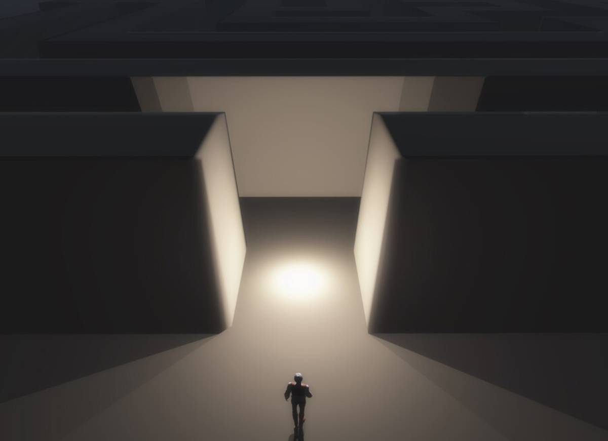 A lone figure stands in a dimly lit space between two large, shadowy structures, illuminated by a bright light in front.