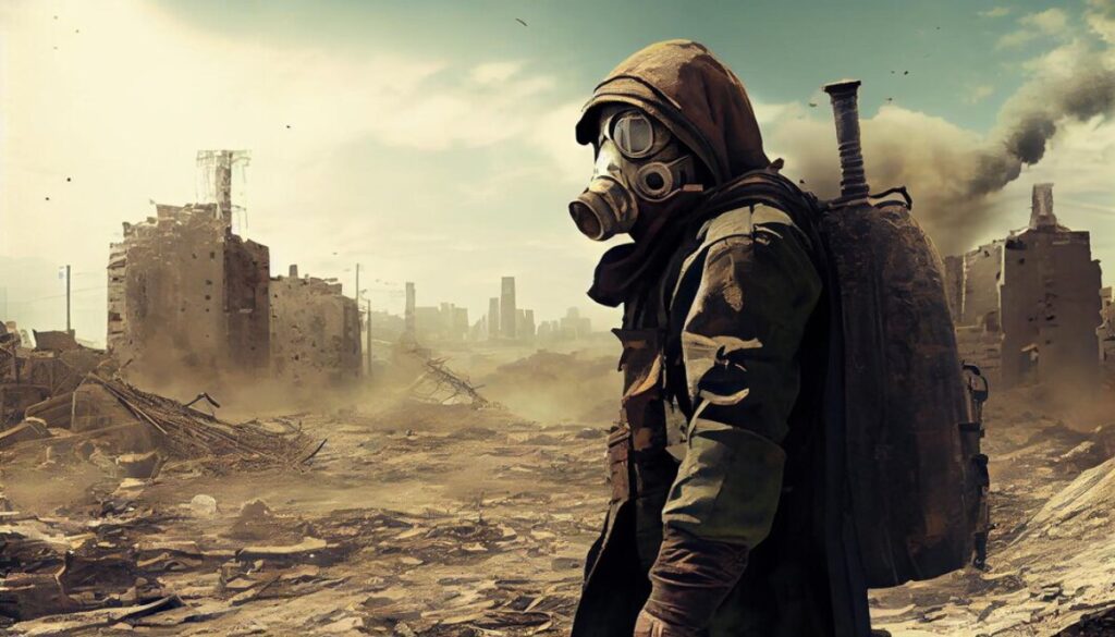 A cloaked figure in a gas mask stands amidst a desolate, post-apocalyptic landscape, surrounded by ruins and swirling dust.