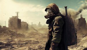 A cloaked figure in a gas mask stands amidst a desolate, post-apocalyptic landscape, surrounded by ruins and swirling dust.