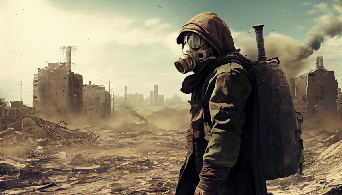 A cloaked figure in a gas mask stands amidst a desolate, post-apocalyptic landscape, surrounded by ruins and swirling dust.