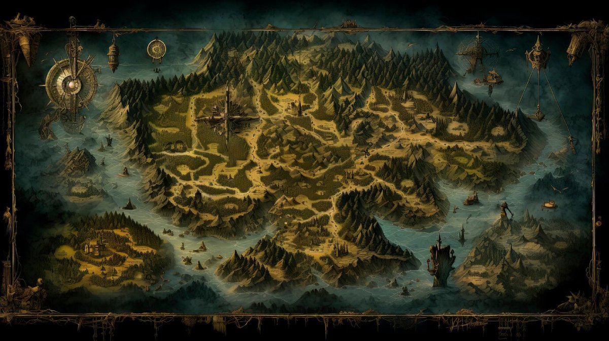 A detailed fantasy map featuring forests, mountains, rivers, and settlements, framed with compass elements and a dark ocean backdrop.