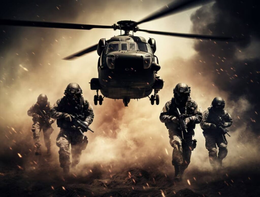 Four heavily armed soldiers advance through smoke and debris as a military helicopter hovers above, highlighting a tense combat scene.