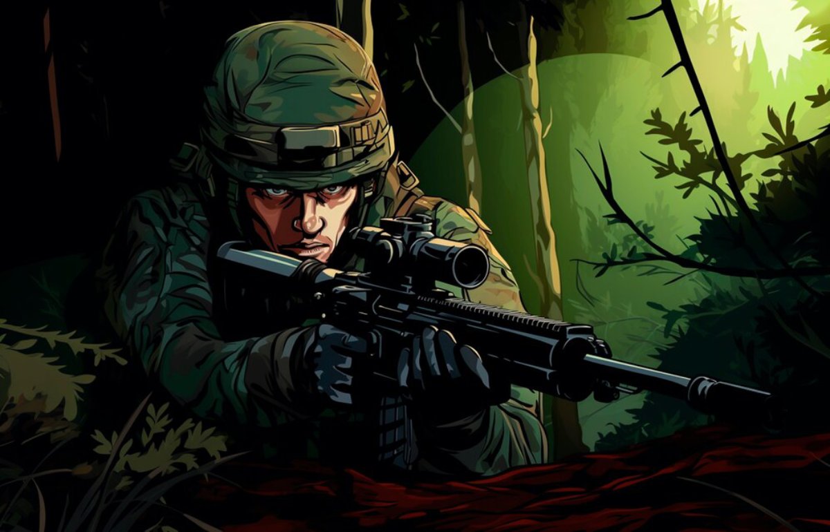 A camouflaged soldier crouches in the woods, aiming a scoped rifle, surrounded by dense foliage and soft, green light.