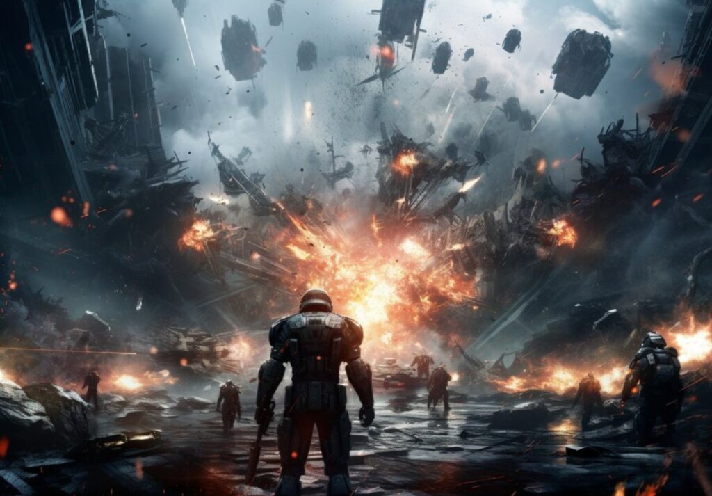 A futuristic soldier faces an explosion amidst a war-torn landscape, surrounded by other soldiers and debris from destroyed ships.