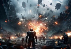 A futuristic soldier faces an explosion amidst a war-torn landscape, surrounded by other soldiers and debris from destroyed ships.