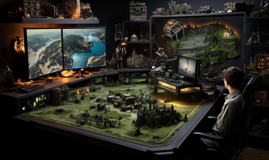 A person sits at a high-tech workstation surrounded by monitors and a detailed miniature landscape, showcasing a blend of nature and ruins.