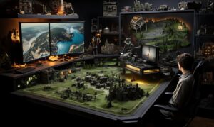 A person sits at a high-tech workstation surrounded by monitors and a detailed miniature landscape, showcasing a blend of nature and ruins.