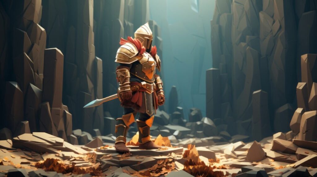 A valiant knight in shiny armor stands bravely on rocky ground, illuminated by soft light in a cavernous setting.