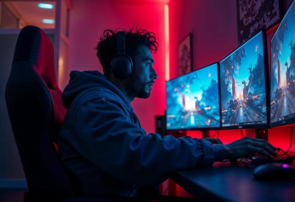 A gamer in a stylish gaming chair wears headphones, focused on three vibrant monitors displaying a captivating digital landscape.