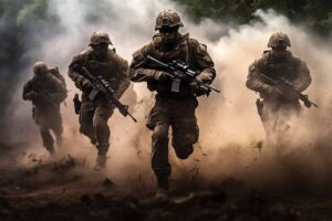 Four soldiers in tactical gear run through a cloud of dust, brandishing rifles, amidst a dense forest backdrop.