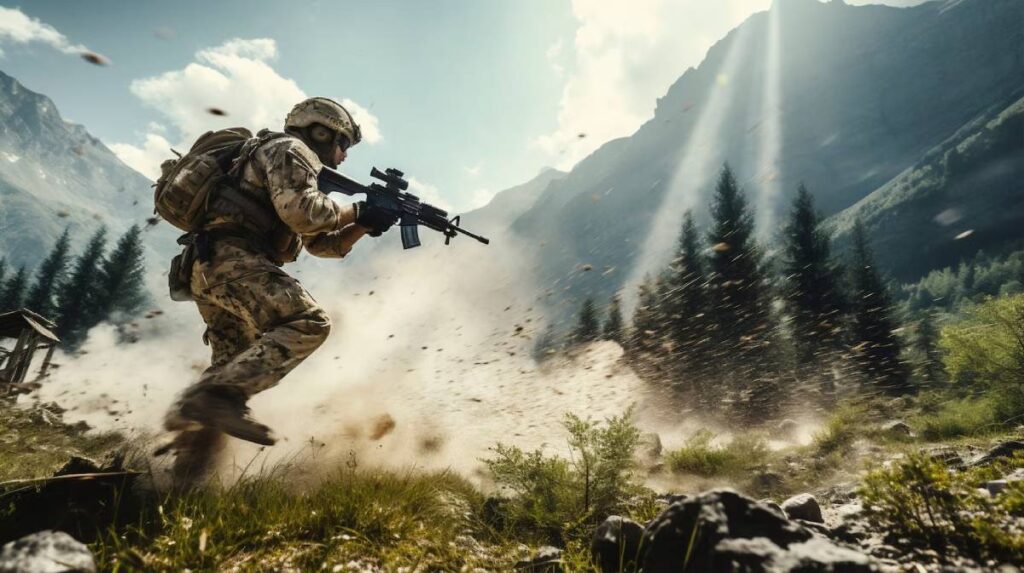 A soldier in camouflage gear charges through a dusty landscape, hiking mountains and trees in the background under bright sunlight.