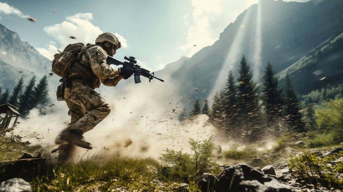 A soldier in camouflage gear charges through a dusty landscape, hiking mountains and trees in the background under bright sunlight.