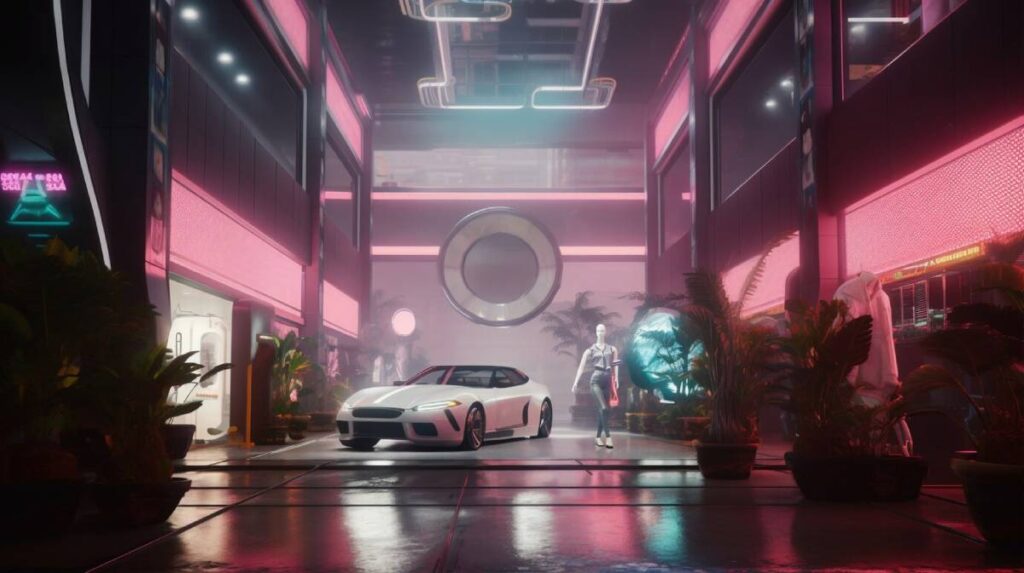 A futuristic showroom with pink neon lights, featuring a sleek white car and a mannequin dressed in modern attire amidst lush plants.