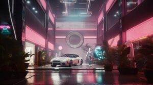 A futuristic showroom with pink neon lights, featuring a sleek white car and a mannequin dressed in modern attire amidst lush plants.
