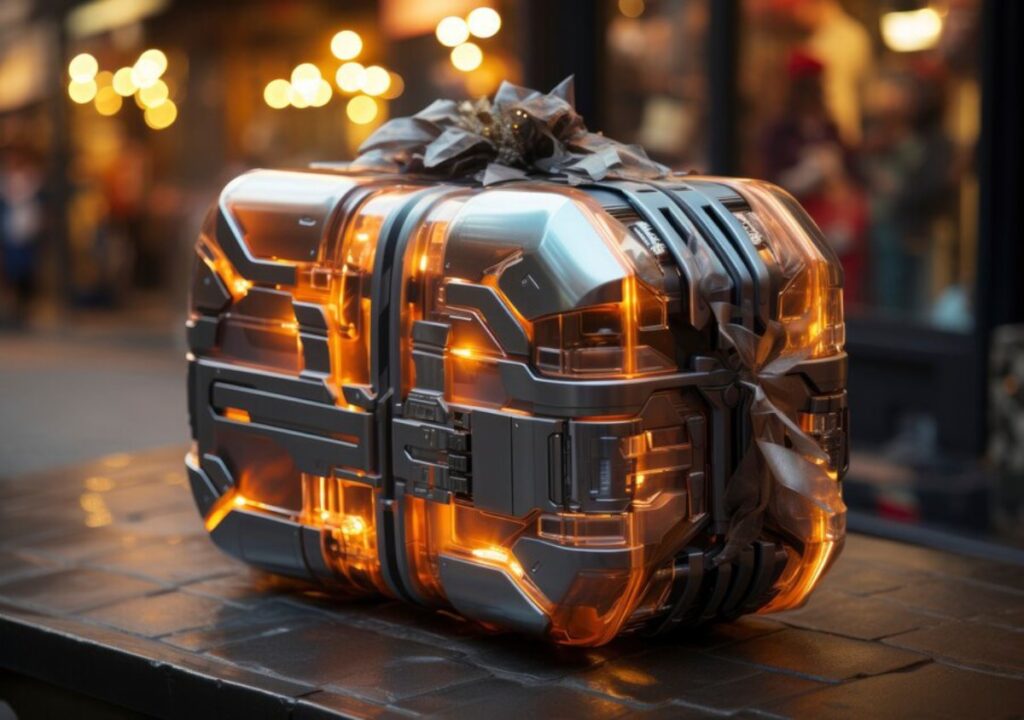 A futuristic, translucent gift box with orange lights, elegantly wrapped with a dark ribbon, sits on a cobblestone surface.