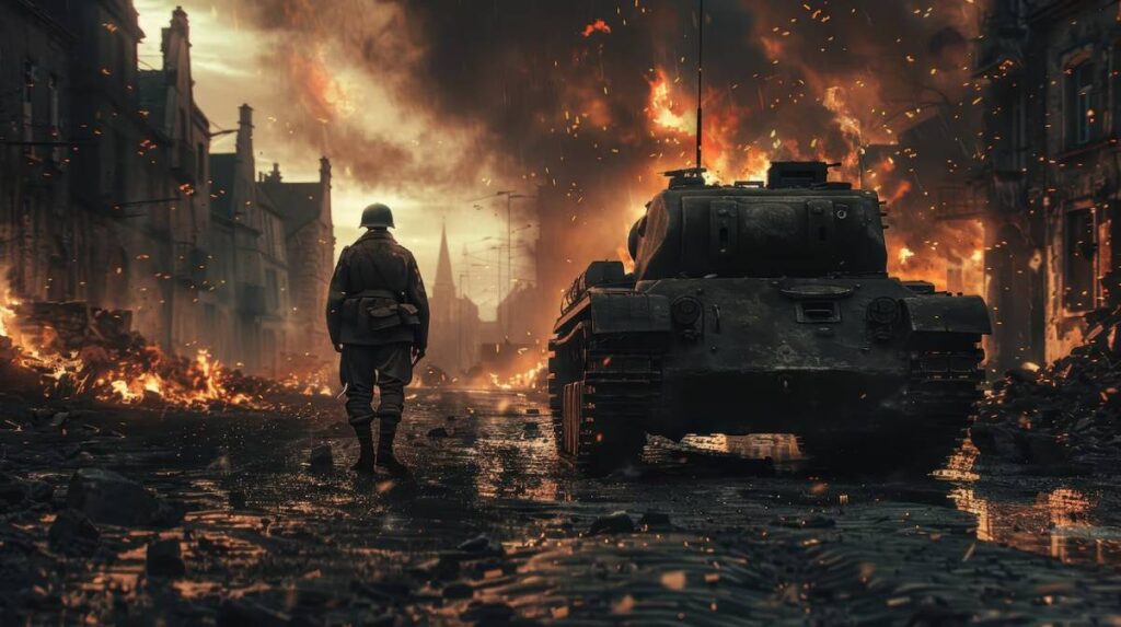 A soldier stands amid a war-torn street, facing a tank as flames and smoke engulf the destroyed city in a dramatic, chaotic scene.