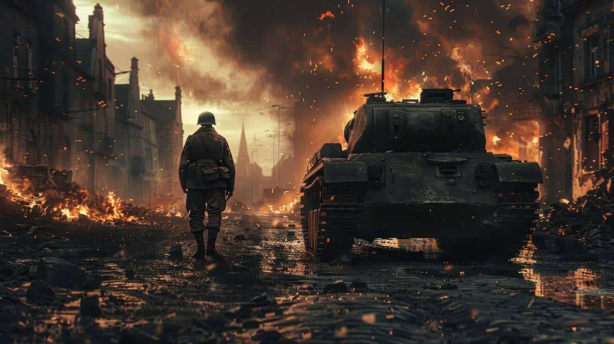 A soldier stands amid a war-torn street, facing a tank as flames and smoke engulf the destroyed city in a dramatic, chaotic scene.